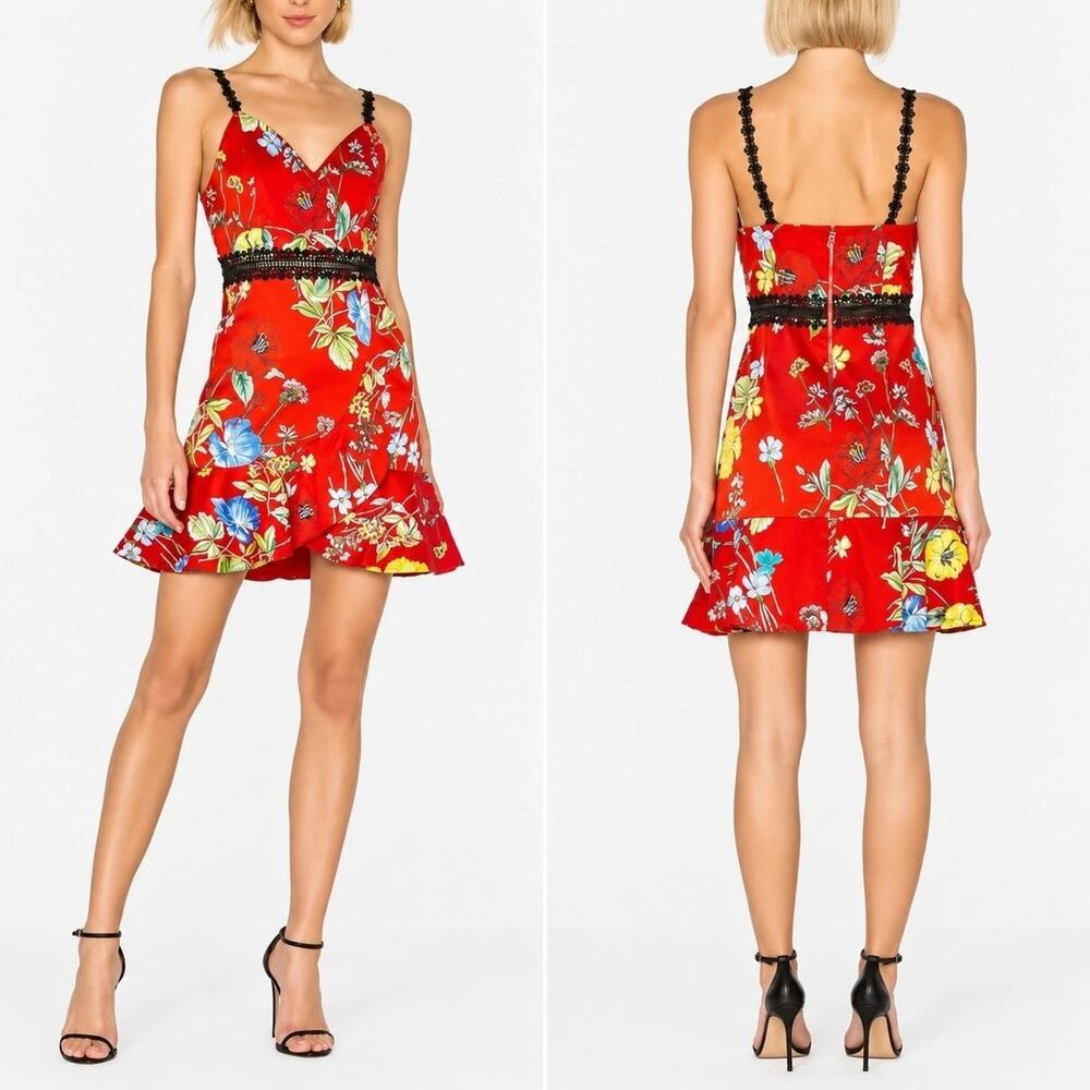 Alice + Olivia Kirby Lace Red Floral Cotton Fit And Flare Mini Dress US 12